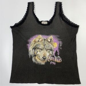 Vintage 1996 Sturgis Biker Black Hills Rally Wolf Black Tank Top Lace Trim XL